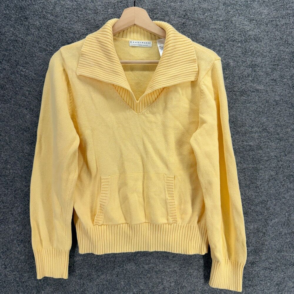Crazy Horse Sweater Pullover Women L Large Yellow Knit Collared Long Sleeve